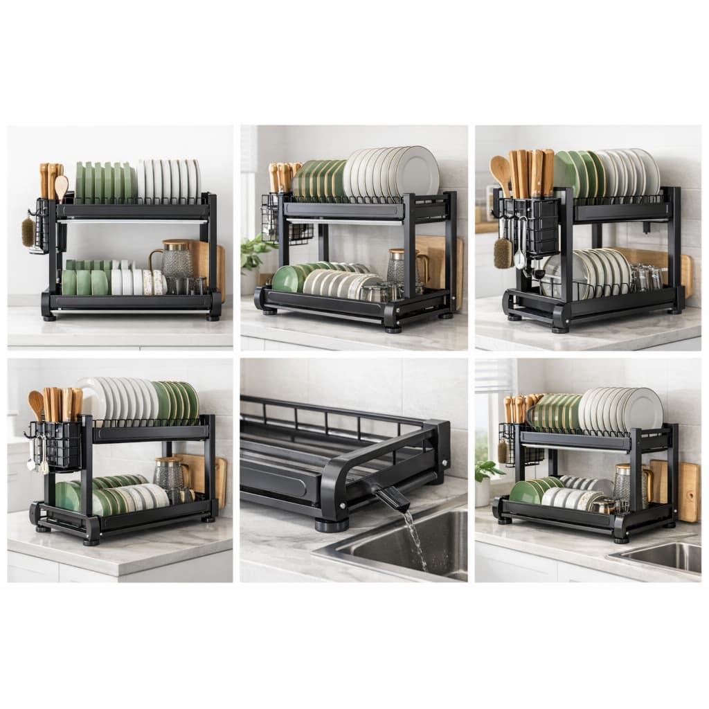 Escorredor de Louças 2 Andares com Porta-Talheres – Preto Fosco Organizador Compacto para Bancada suporte de Cozinha