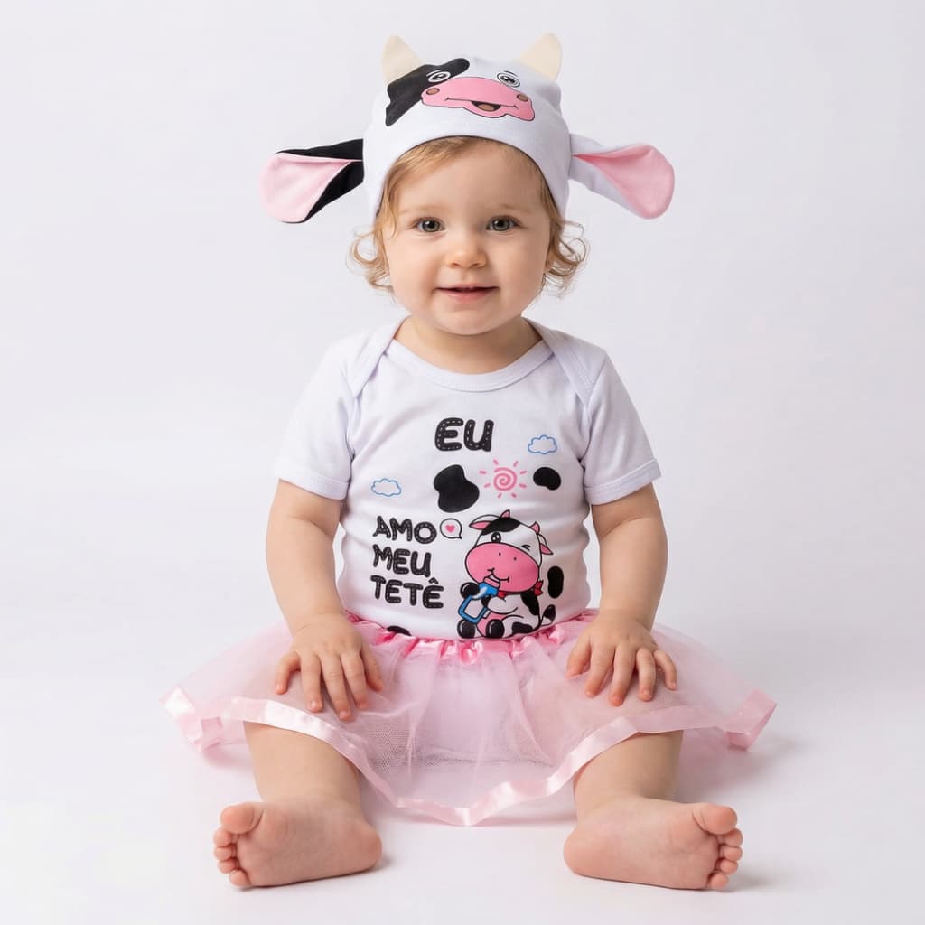 Macacão Bebê Menina Eu Amo Meu Tetê Vaquinha Mêsversário Body Laço e Saia
