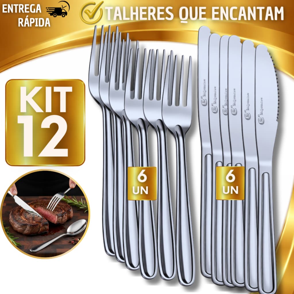 Kit 12 Talheres Garfo e Faca Aço Inox Jogo para Mesa Cozinha Restaurante Churrasco