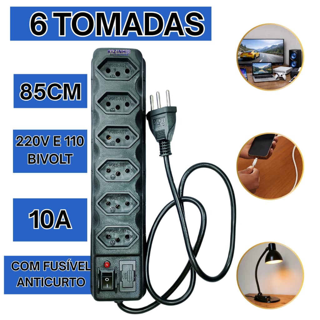 Filtro de Linha Com 6 Tomadas Régua Elétrica Bivolt Tripolar 10 Amperes Fusível de Proteção 3A 85cm Régua + Cabo