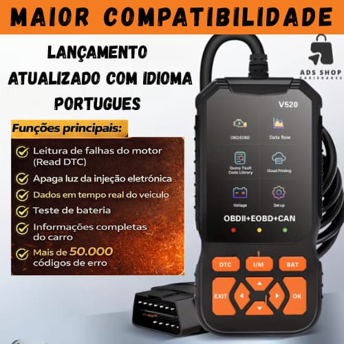 Scanner Automotivo Profissional OBD2 V520 Alta Precisão Idioma Portugues Tela HD