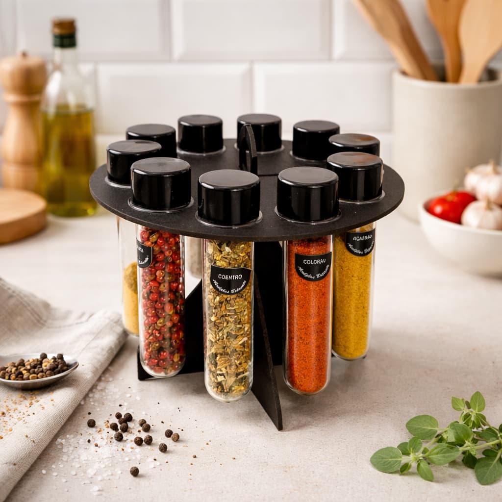 Porta Temperos 10 Potes e 20 Etiquetas Organizador Para Cozinha