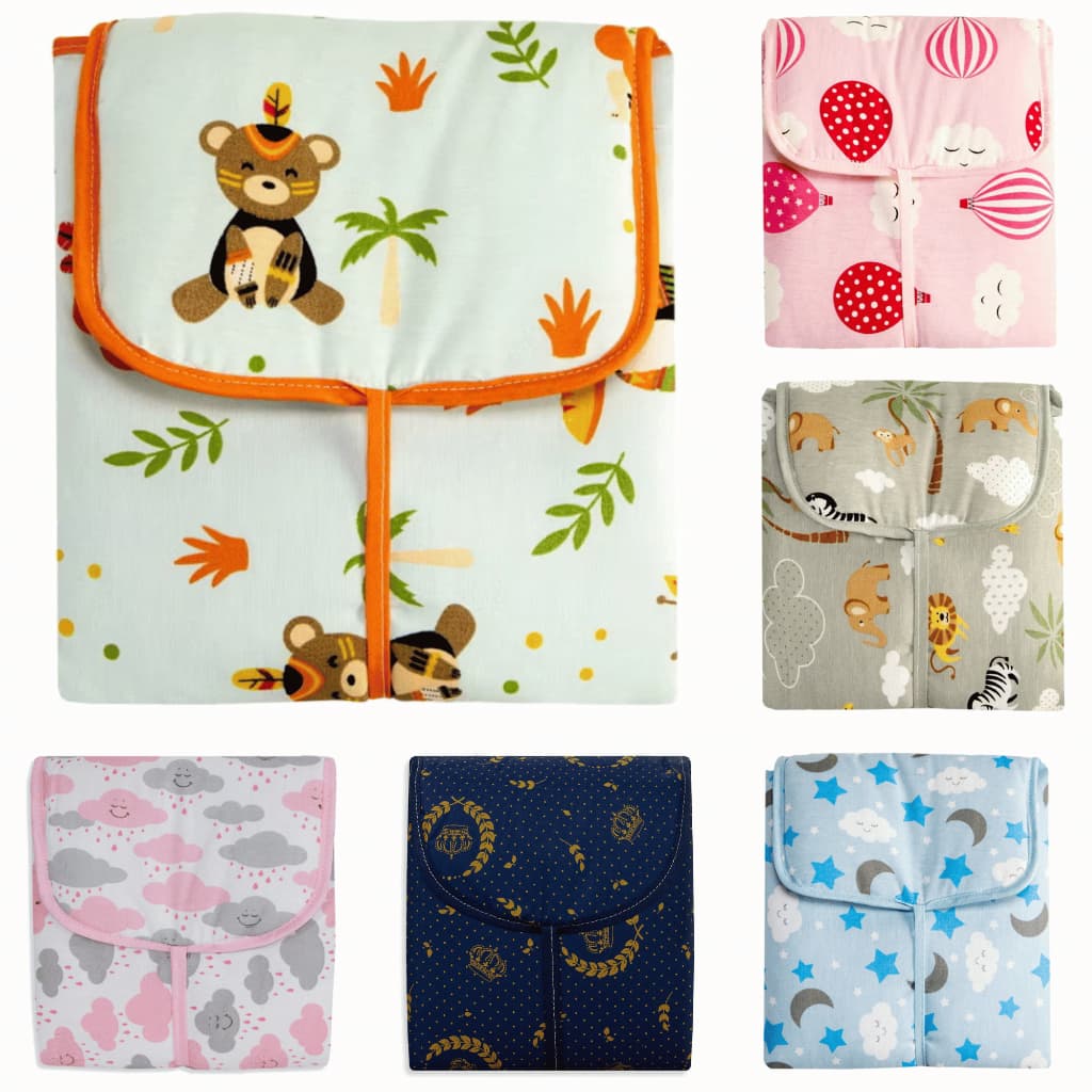 Trocador de Fralda 100% Algodão Portátil Dobrável Impermeável com Bolsos Acolchoado Estampado