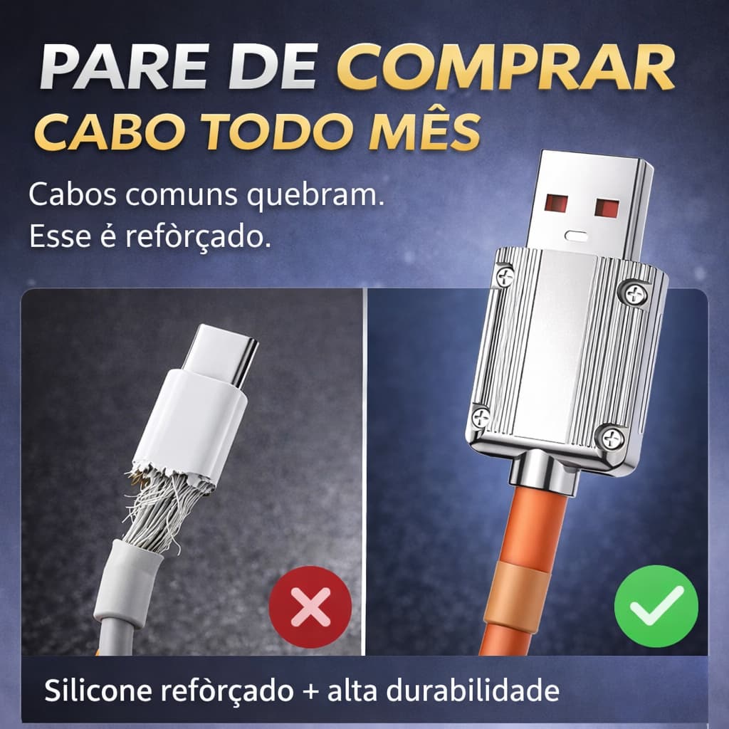Cabo USB C Turbo 120W Silicone Reforçado USB-A para USB-C Carregamento Rápido 1 Metro