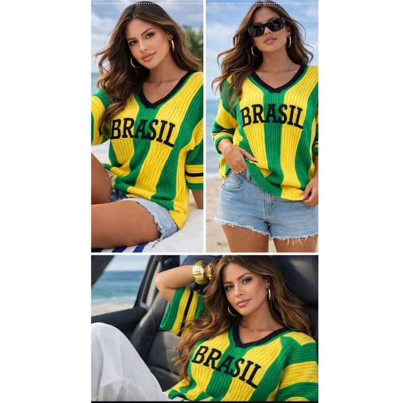 Blusa Feminina Tricô Brasil Oversize Gola V Manga Larga – Suéter Estilo Copa