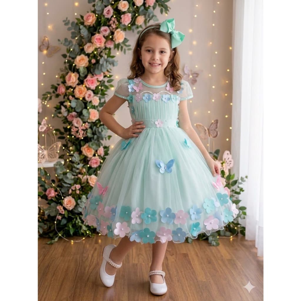 Vestido Infantil Azul Claro Jardim Encantado Apliques Festas