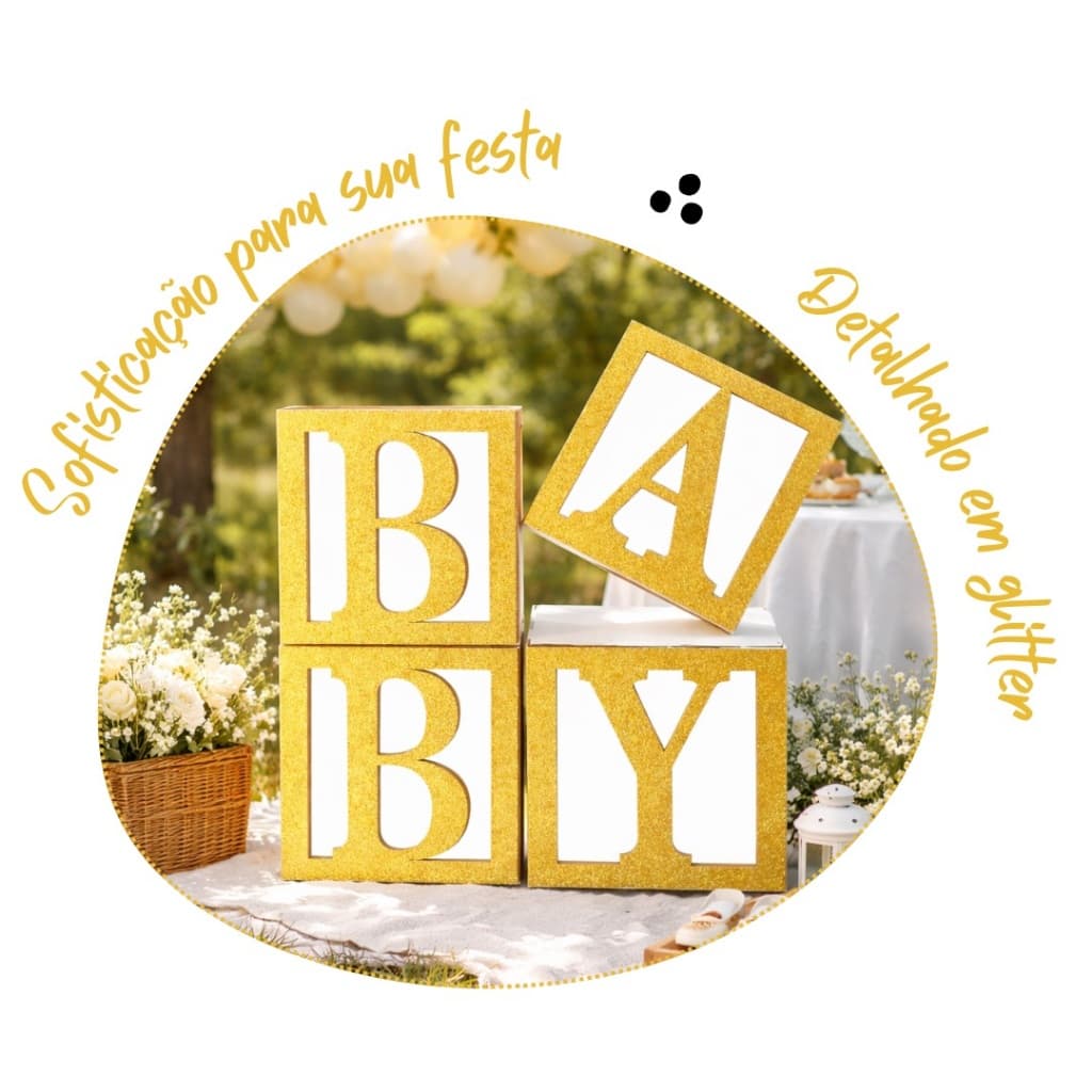 Cubo Baby 20x20cm Festa Chá Revelação Chá de Bebê Mdf Dourado