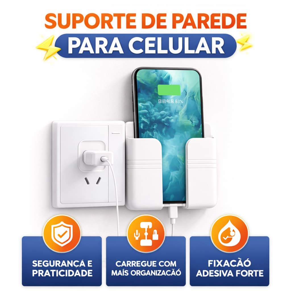Suporte de Celular de Parede Carregador Organizador Porta Celular Quarto Cozinha Banheiro