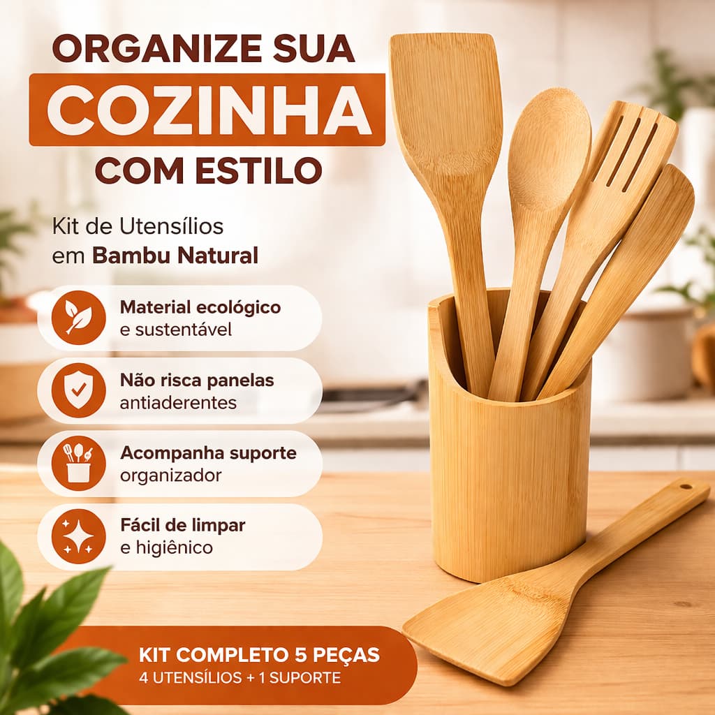 Utensílios de Cozinha Bambu 5 Peças com Suporte Kit Colher de Pau Antiaderente Livon 2568