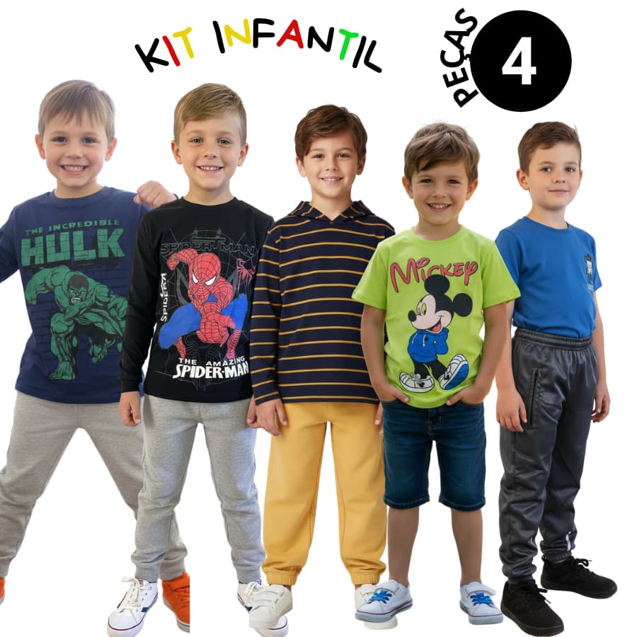 Blusa Infantil 4 Peças Camiseta Manga Curta e Longa e Calça Moletom Todas Estações Personagens