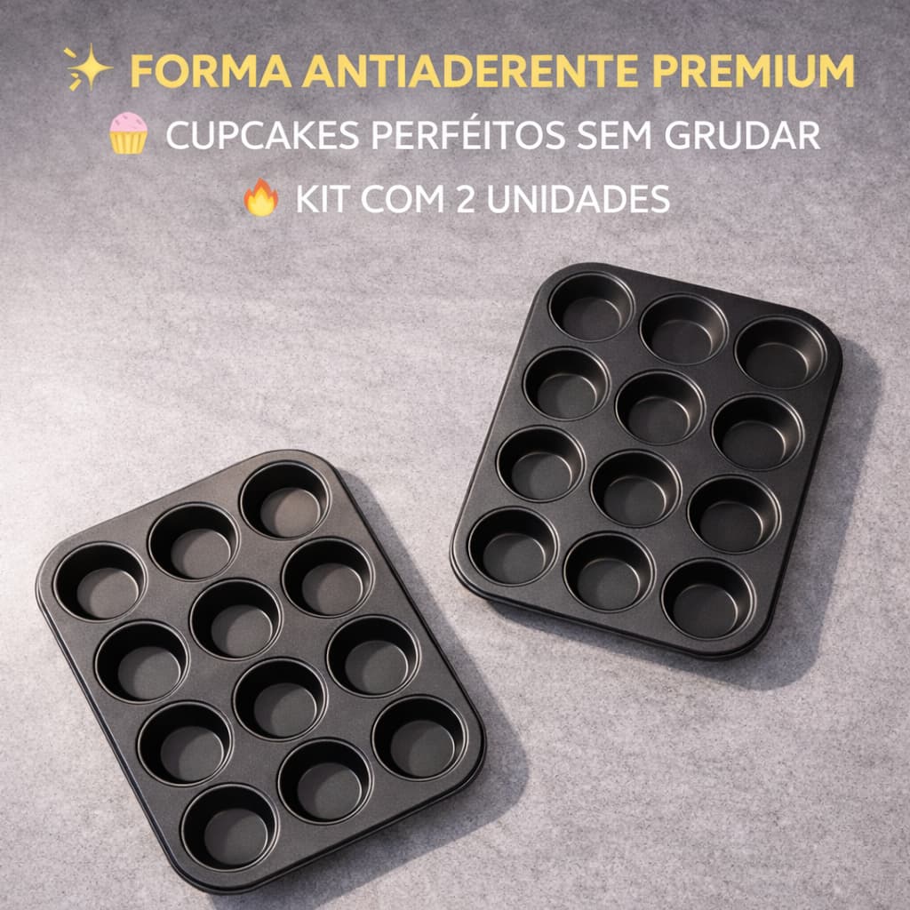 Kit 2 Forma Antiaderente Para Cupcake 12 Cavidades Muffin Mini Bolo Pão De Queijo Assadeira