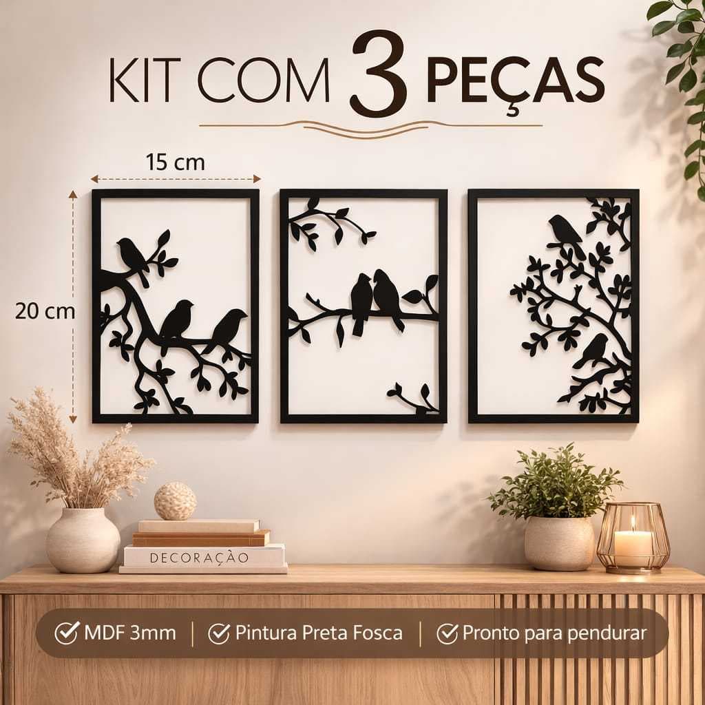 Quadro Decorativo 3 Peças Pássaros Vazado Parede Quarto Sala Corredor Presente Criativo