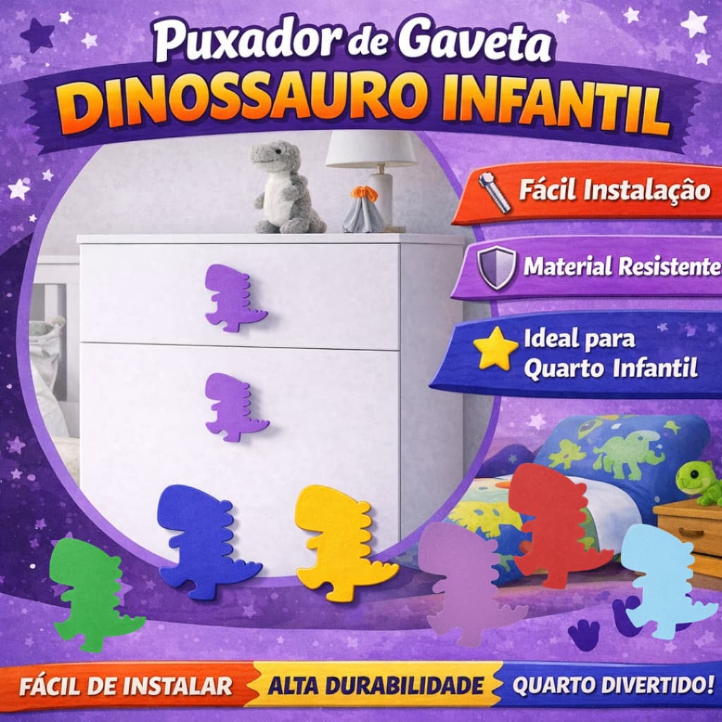 Kit 3 Puxadores Infantil de Gaveta Dinossauro T-Rex Decorativo para Móveis Quarto Criança