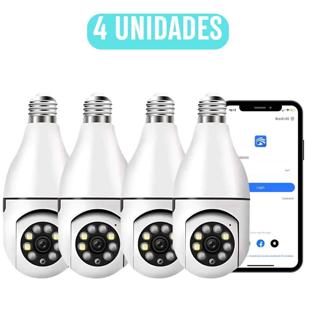Kit 4 Câmera Lâmpada WiFi 360° Segurança Full HD 1080p Visão Noturna Áudio Sem Mensalidade IP44