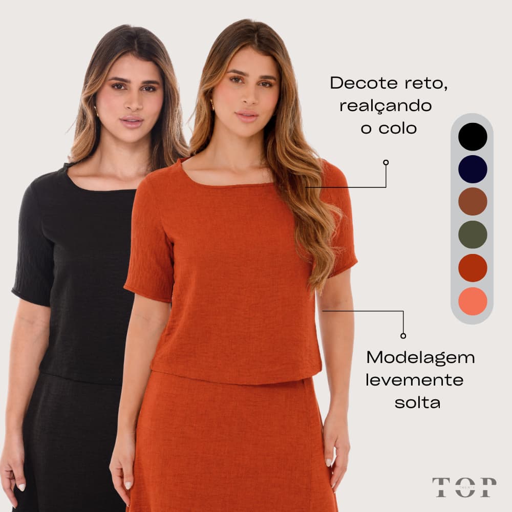 Blusa Feminina Elegante Manga Curta Decote Reto Tecido Leve Line Flow Casual