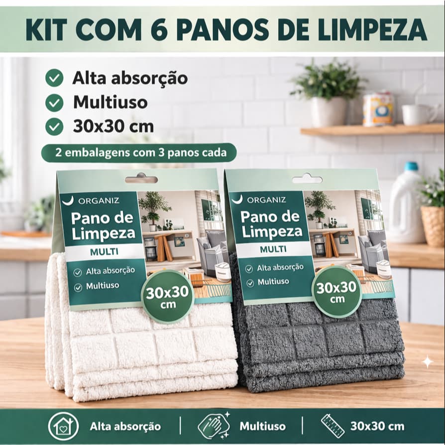 Kit com 6 Panos de Limpeza Multiuso 30x30 Alta Absorção Pano para Limpeza Casa Cozinha Vidro Móveis