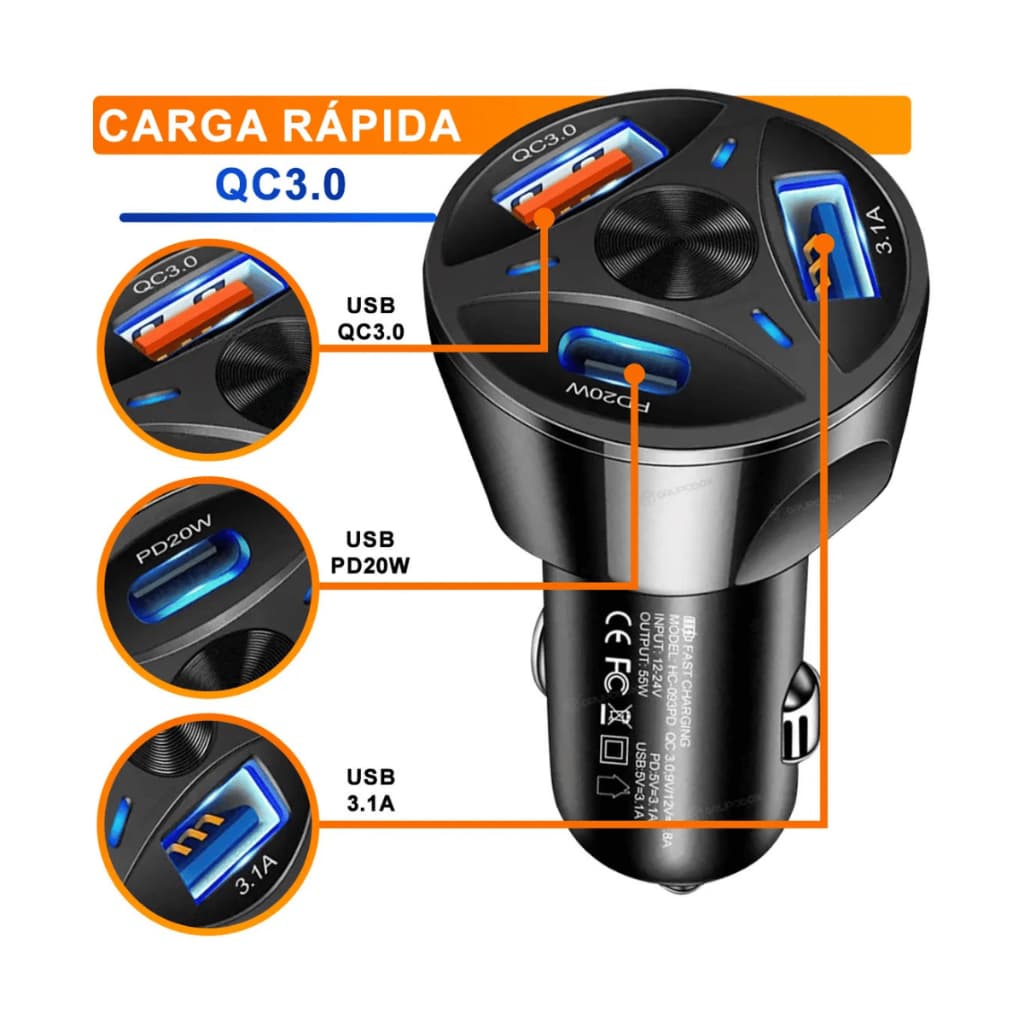 Carregador Veicular Turbo 55W Com 3 Entradas USB 3.1 USB 3.0 USB Tipo C De Carregamento Rápido