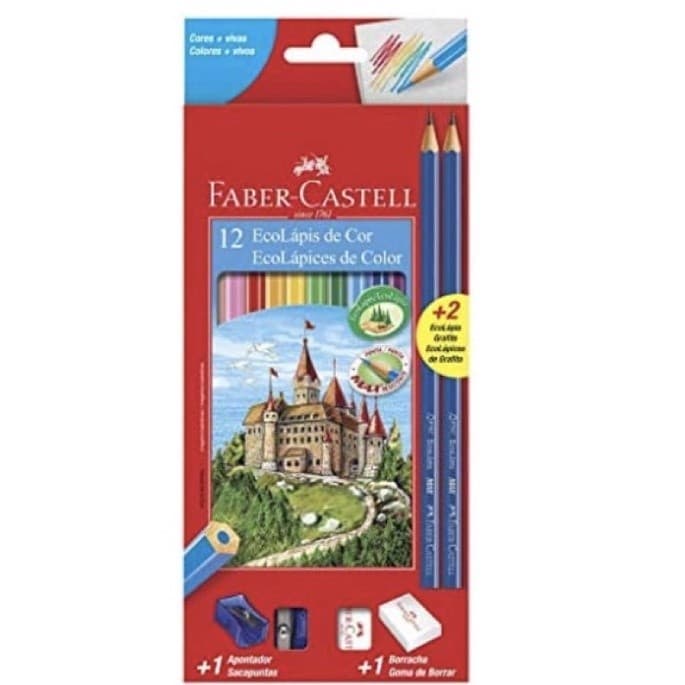Kit Escolar Lápis de Cor Sextavado + 2 Lápis Max + Apontador + Borracha, Faber-Castell, 12 Cores