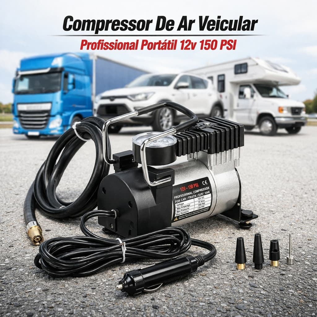 Compressor de Ar Portátil 12V 150 PSI Veicular Carro Caminhão Van Bomba de Ar
