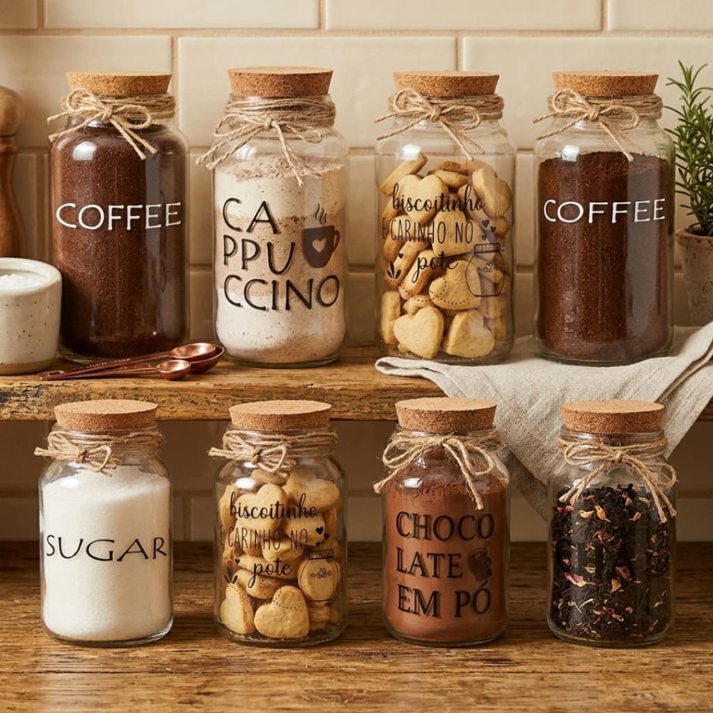 Pote Hermético Vidro Porta Mantimento Tampa Rolha Cortiça Decorados Café Presente Dia dos Pais
