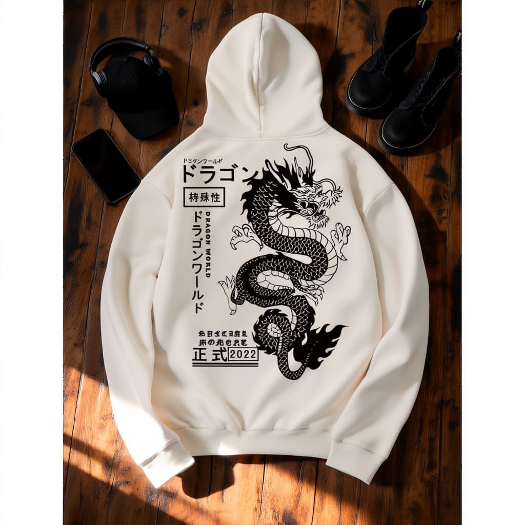 Moletom Hoodie Canguru Unissex Flanelado com Estampa Artística de Dragão Chinês