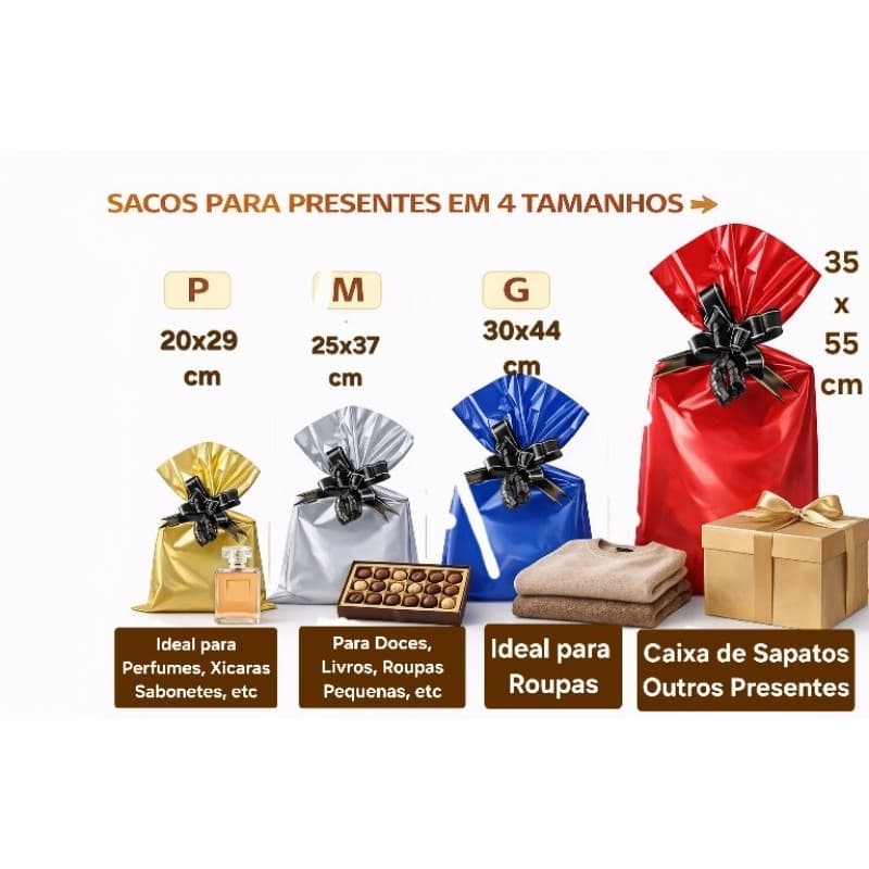 Sacos para Presente Metalizados/ Plastificados P - M - G - XG Embalagem para Lembrancinhas e Presentes