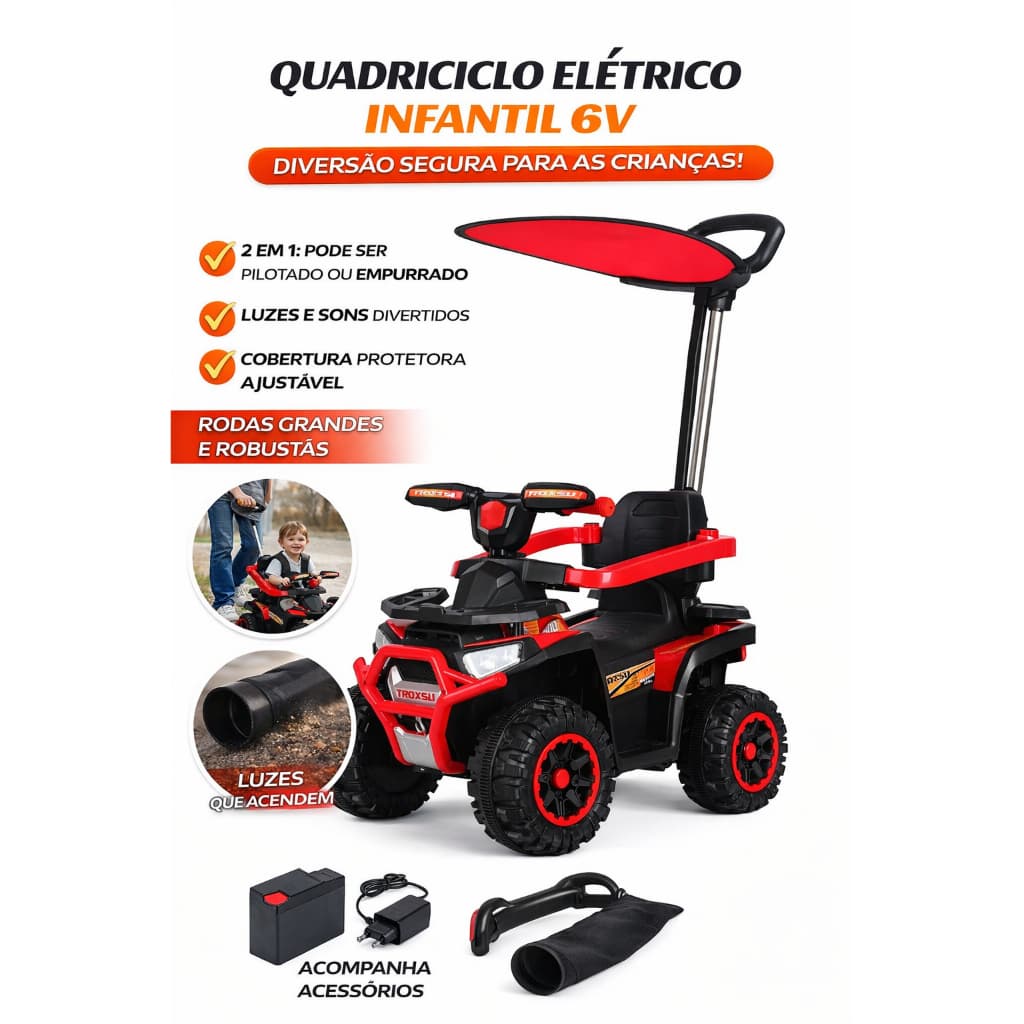 Quadriciclo Elétrico 6v Com Empurrador E Cobertura Vermelho