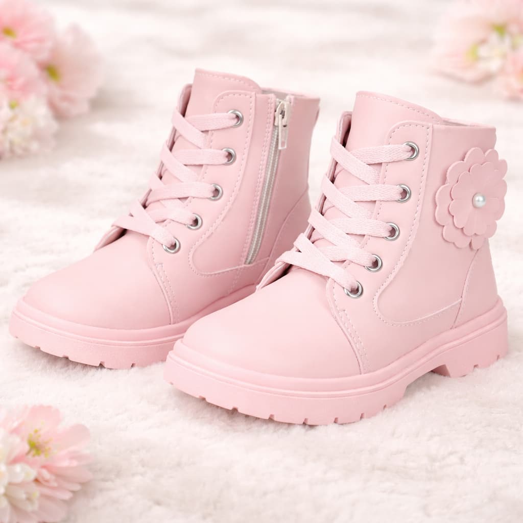 Bota Infantil Coturno Menina Rosa Flor Confortavel Antiderrapante Leve Macia Estilo Feminino