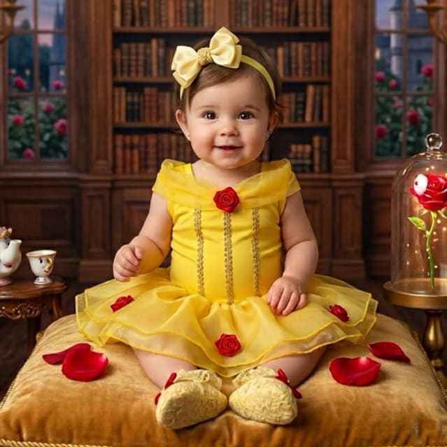 body fantasia menina mesversario bela e a fera princesas