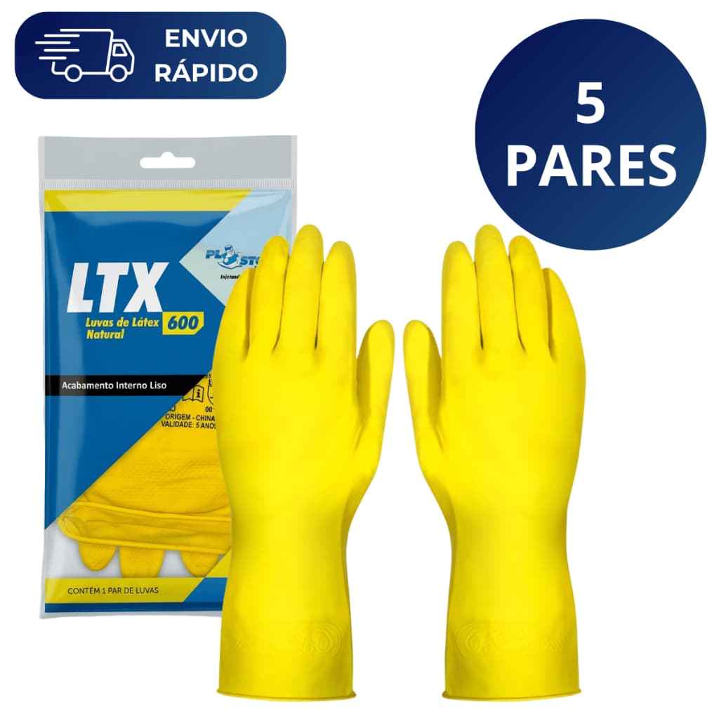 Kit 5 Pares Luva Látex Amarela Multiuso Antiderrapante Impermeável Limpeza Louça Faxina Jardinagem