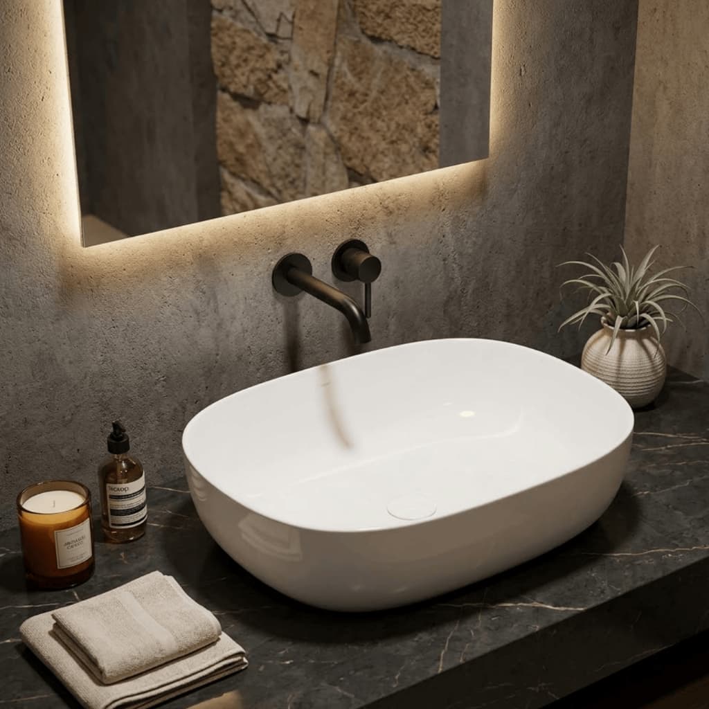 Cuba Banheiro Sobrepor Oval Mármore Sintético Branca Lavabo Bancada Design Sofisticado