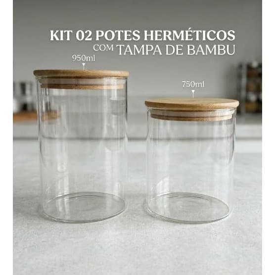 Kit Pote de Vidro Hermético com tampa de Bambu