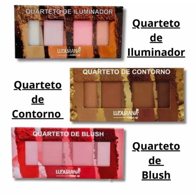 Kit Maquiagem Pele Perfeita Ludurana: Trio Iluminador + Contorno + Blush
