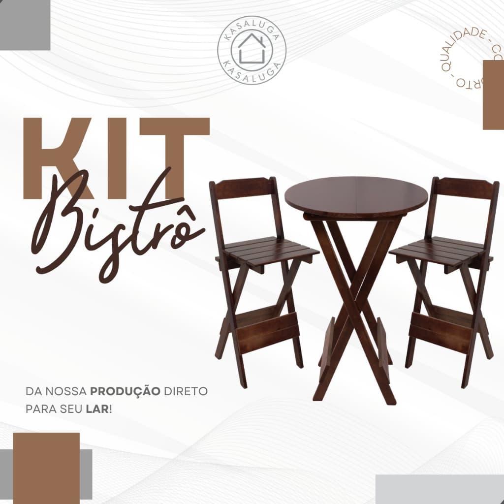 Jogo Mesa Bistrô Dobrável Redonda com 2 Banquetas Madeira Compacta Bar Área Gourmet Restaurante