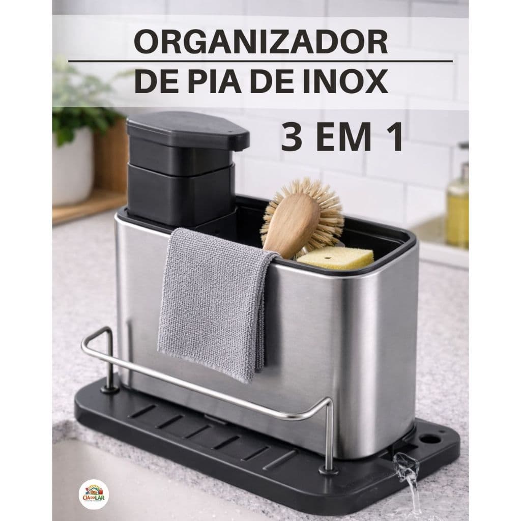 Organizador de Pia Inox | Porta Esponja Panos e Detergente | Cozinha, lavanderia, banheiro