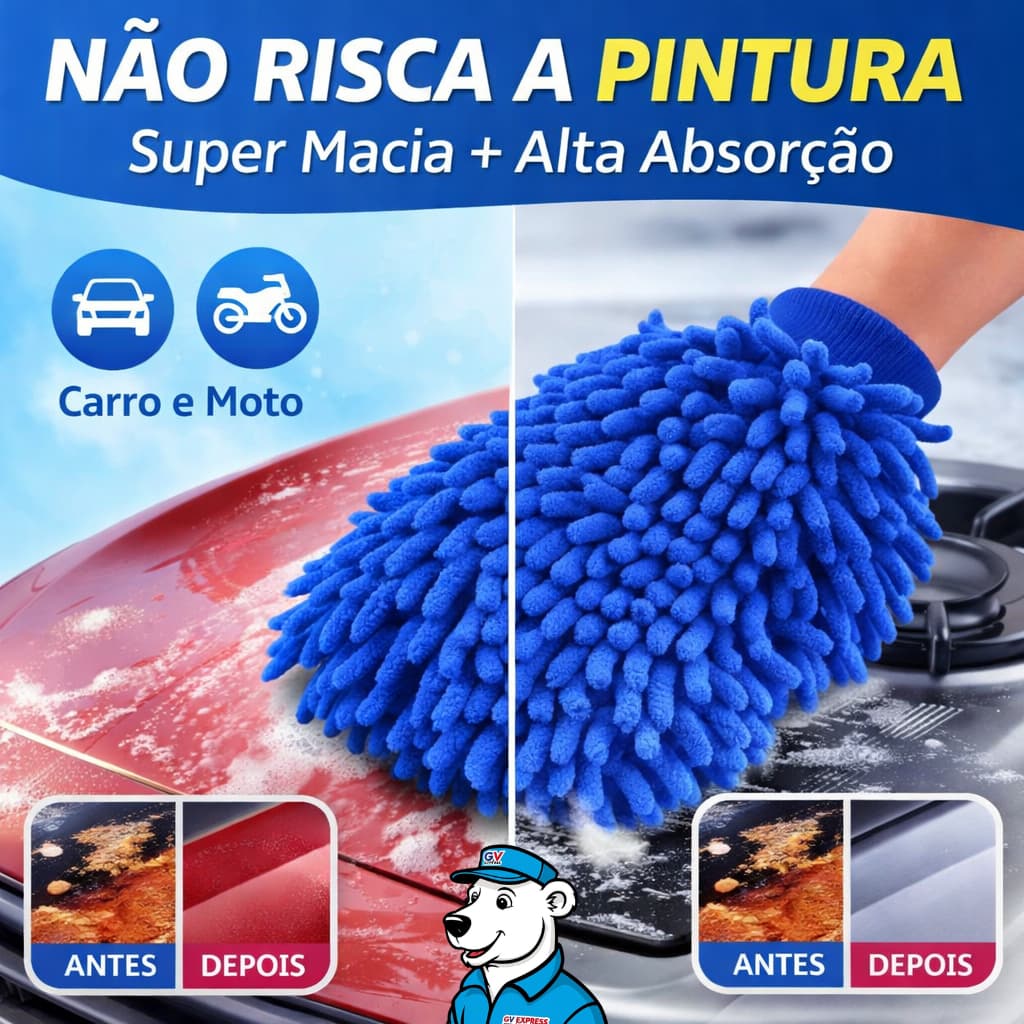 Luva de Microfibra Automotiva Super Macia Não Risca Alta Absorção Lavar Carro Multiuso
