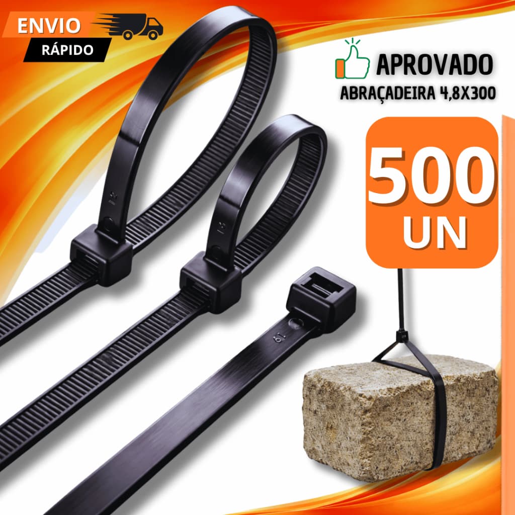 Conjunto 500 Abraçadeiras Nylon Enforca Gato Preto 300mm x 4,8mm Cinta Plástica Resistente