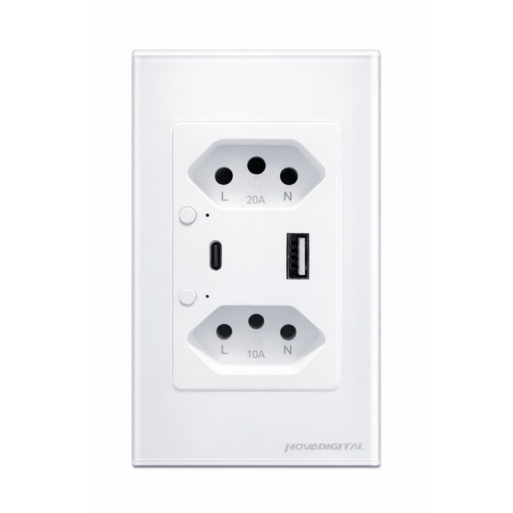 Tomada Inteligente WiFi dupla 10a e 20a Porta USB Tipo C Tomada de Parede Smart vidro Novadigital Alexa e Google Home