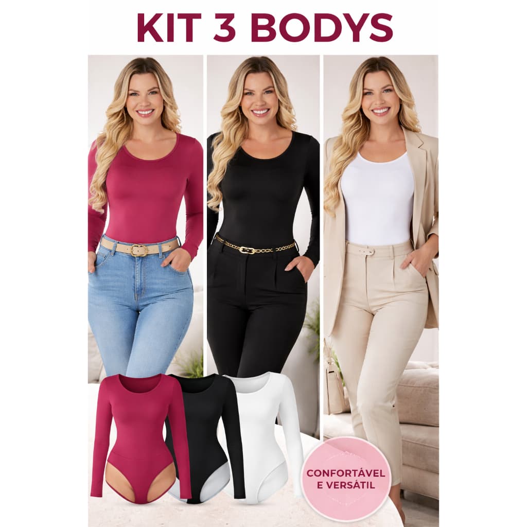 kit 3 peças de Body Feminino Aduto Peluciado Termico Decote Redondo Barato