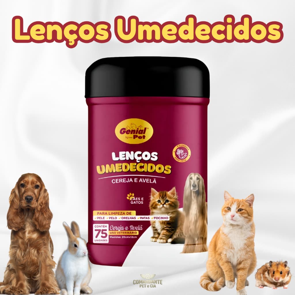 Lenços Umedecidos Cereja e Avelã para Cães, Gatos e Pequenos Roedores 75 Unidades - Genial Pet