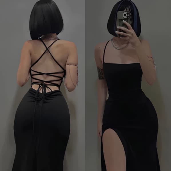 Vestido Longo Suplex Colado Com Fenda Costas Nuas Trançadas Elegante