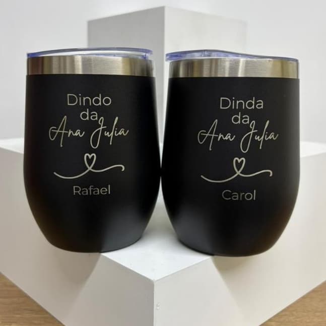 2 Copos Cuias Térmico com Tampa Personalizado Padrinho Madrinha Batizado