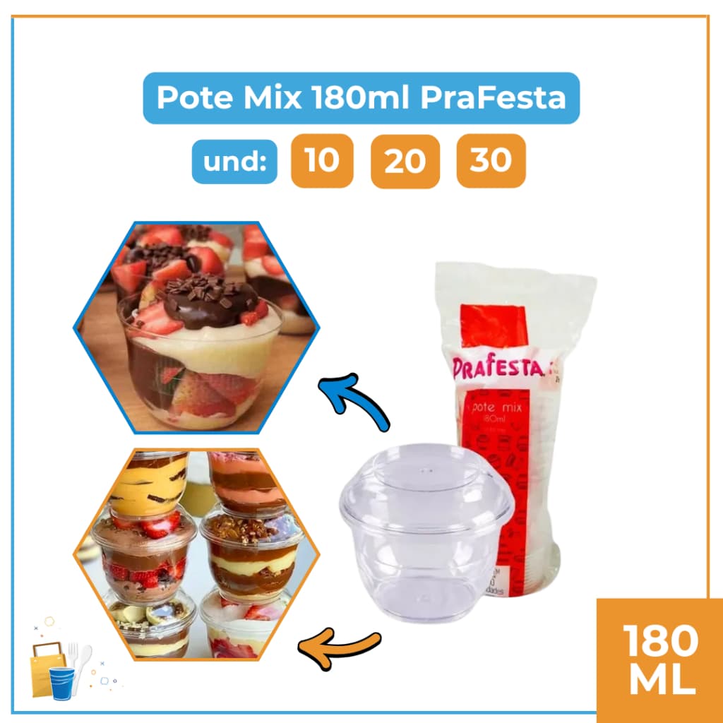 Pote Mix 180ml para Sobremesas 24 Unidades Pote Plástico para Mousse Doces e Pavê