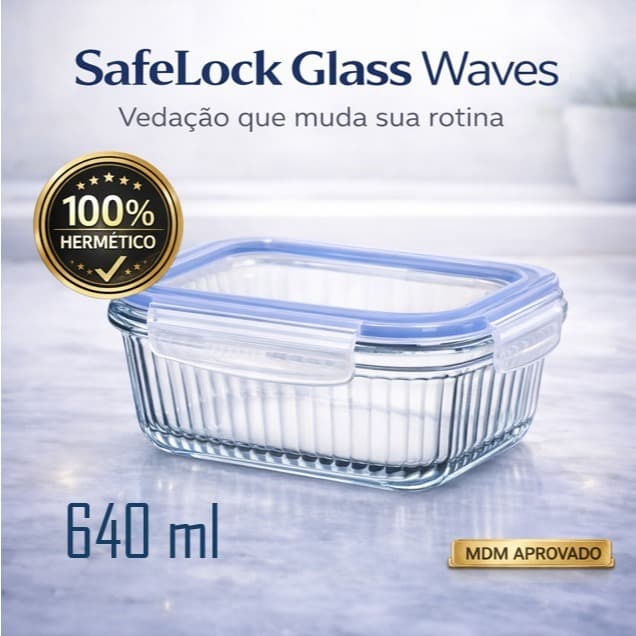 Pote Hermético Vidro Borossilicato 640ml SafeLock Glass Waves™ Anti Vazamento Marmita Premium Tampa