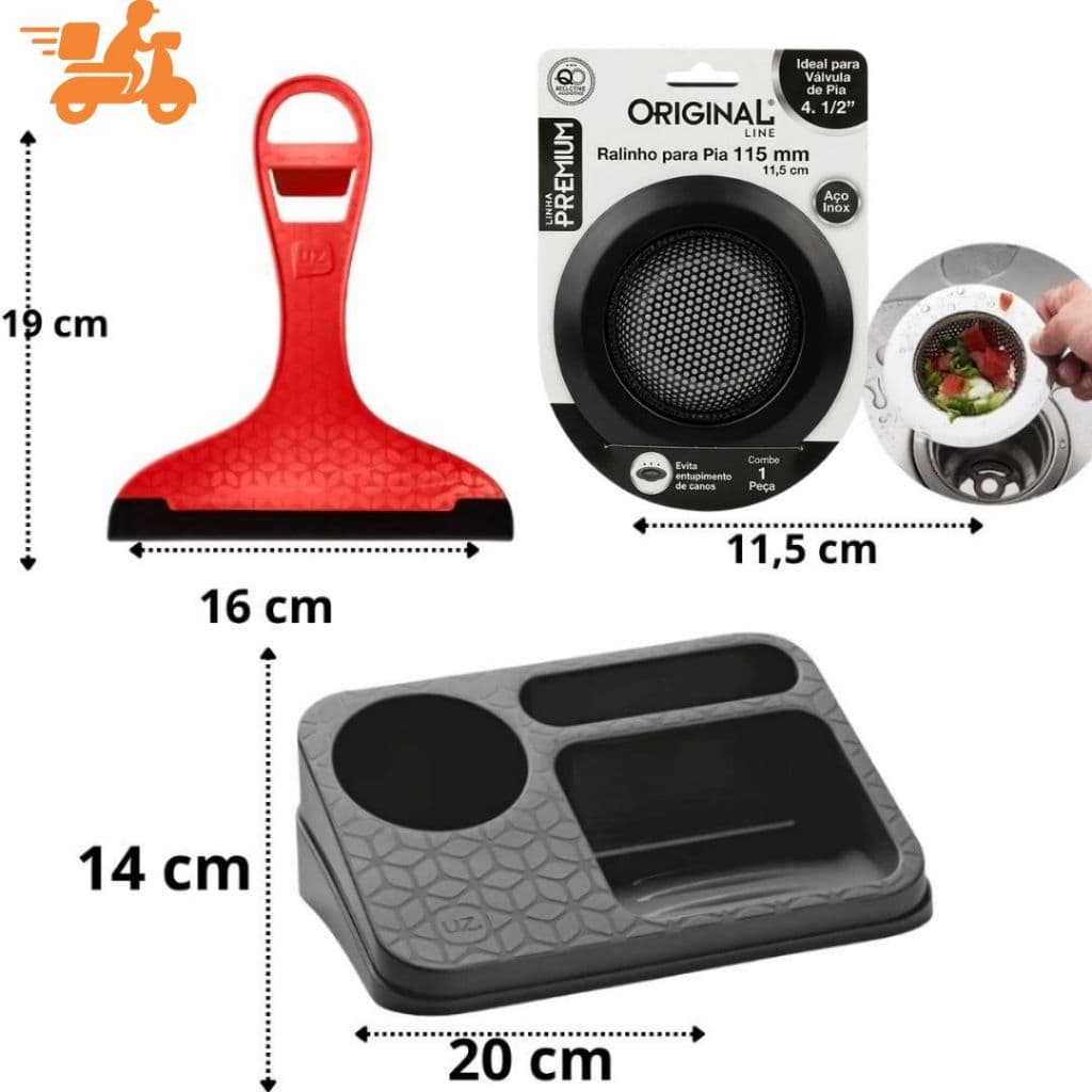 Kit Organizador De Pia +  Rodinho De Pia + Ralinho de Pia Inox 11,5 cm Para Uma Cozinha Perfeita