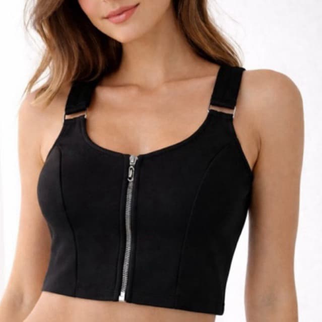 Cropped Feminino Corset com Zíper Frontal e Alças  Moda Casual