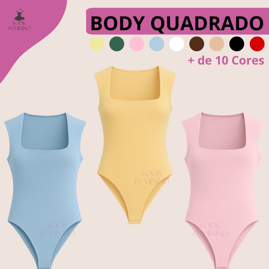 Body Feminino Decote Quadrado Elegante Collant Basico Casual Forro Duplo Suplex Premium Tendencia