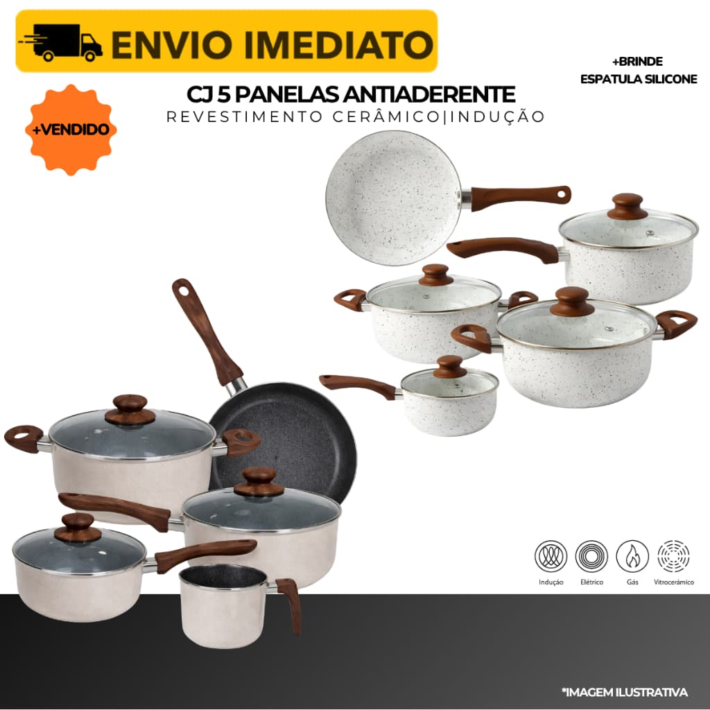 Jogo 5 Panelas Indução Revestimento Cerâmico Aluminio Gás E Elétrico