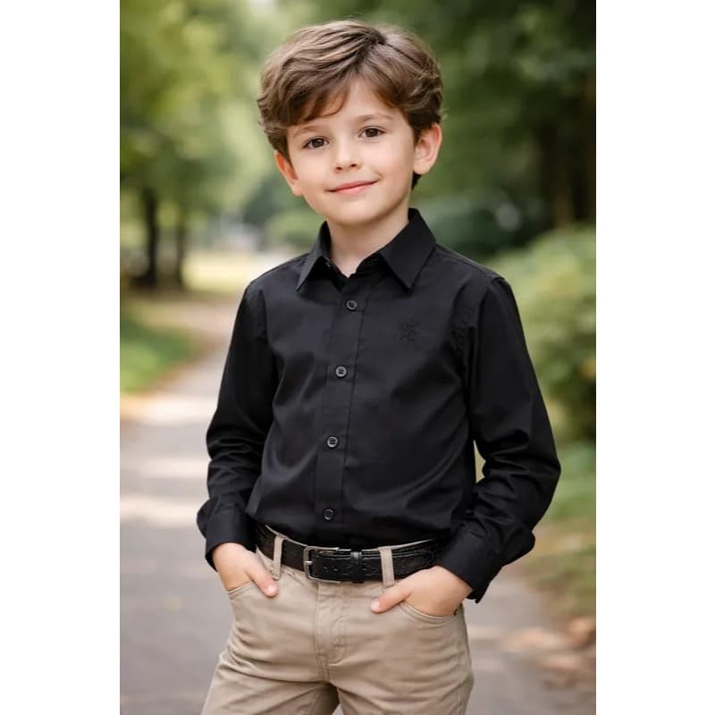 Roupa Infantil Camisa Social Preta Manga Longa Menino 1 a 16 Anos