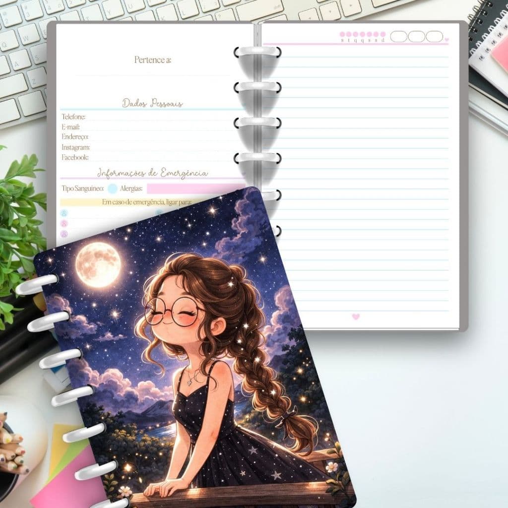 Caderno A5 Fofo Céu Noturno | 80 Folhas 90g | Caderno de Discos | Papelaria Fofa | Caderno Inteligente